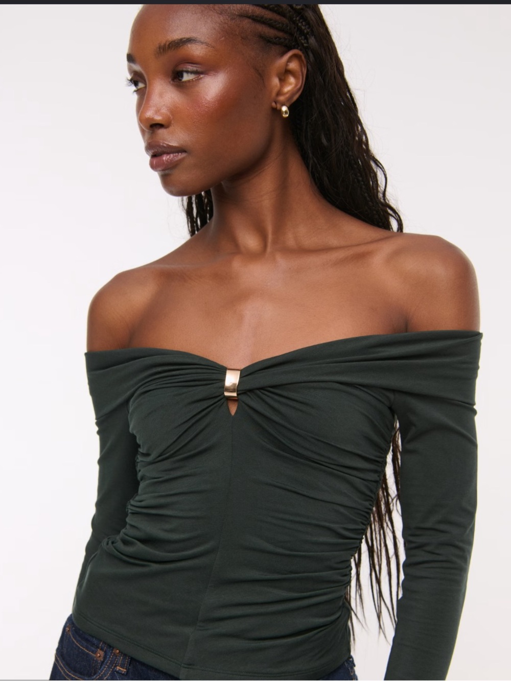 Off-Shoulder Ruched Long-Sleeve Top in Dark Green with gold hardware
